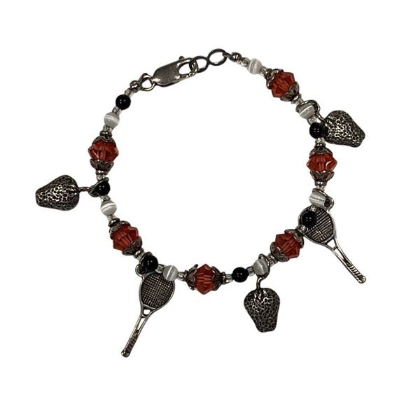 Tennis Charm Bracelet with Rackets & Strawberries Crystal Beads Sports Jewelry - Picture 1 of 6